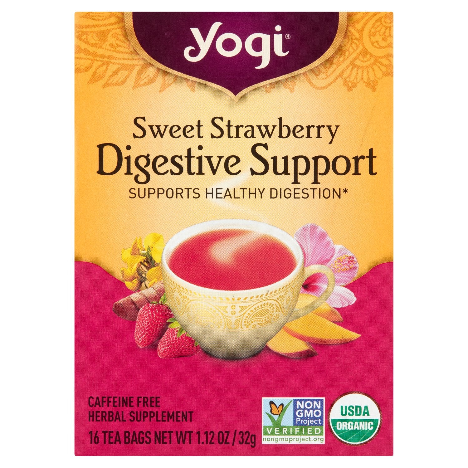 Yogi Sweet Strawberry Digestive Support Caffeine Free Organic Kosher Parve Tea 32g