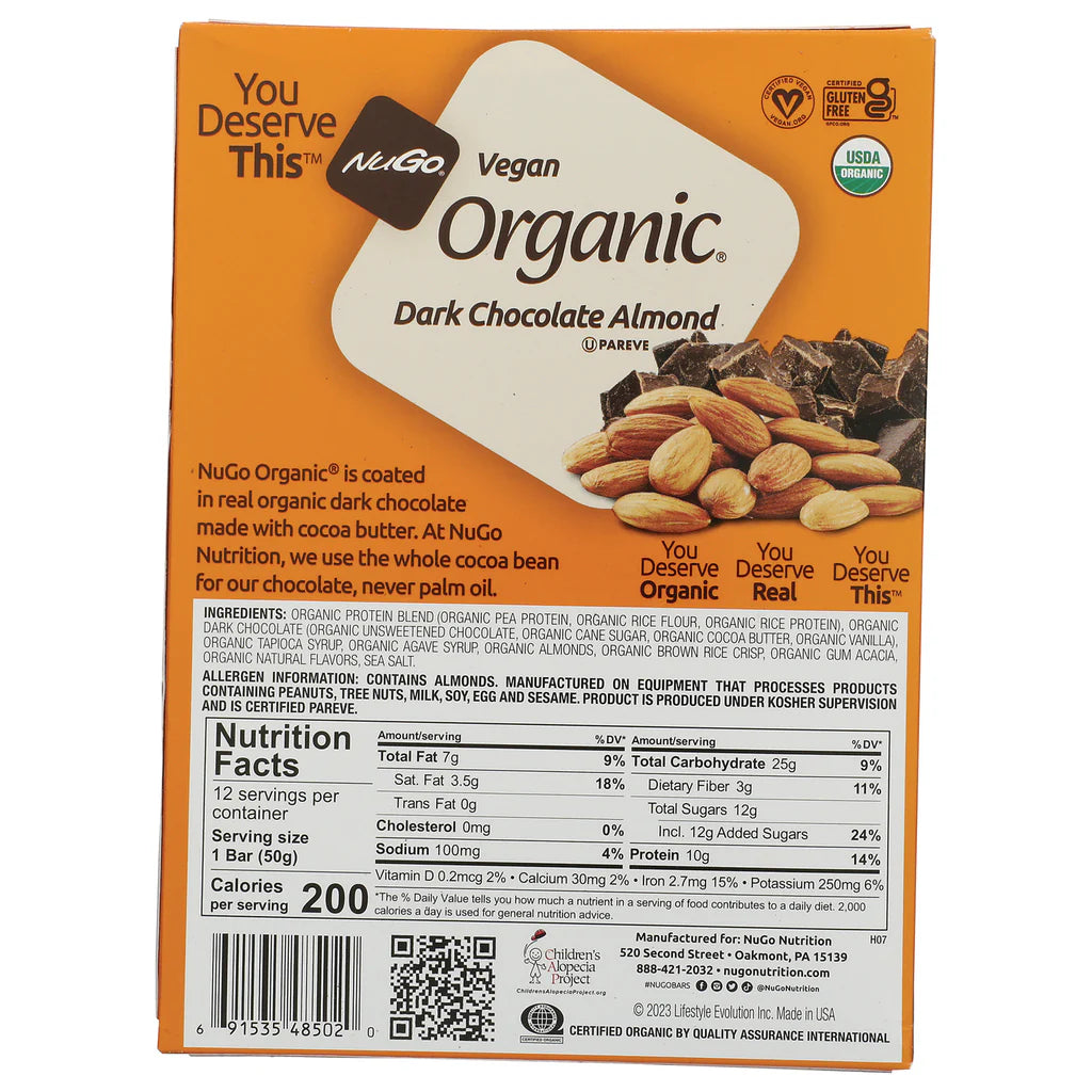 NuGo Vegan Organic Dark Chocolate Almond Bar 10 g Protein Kosher Parve Gluten-Free