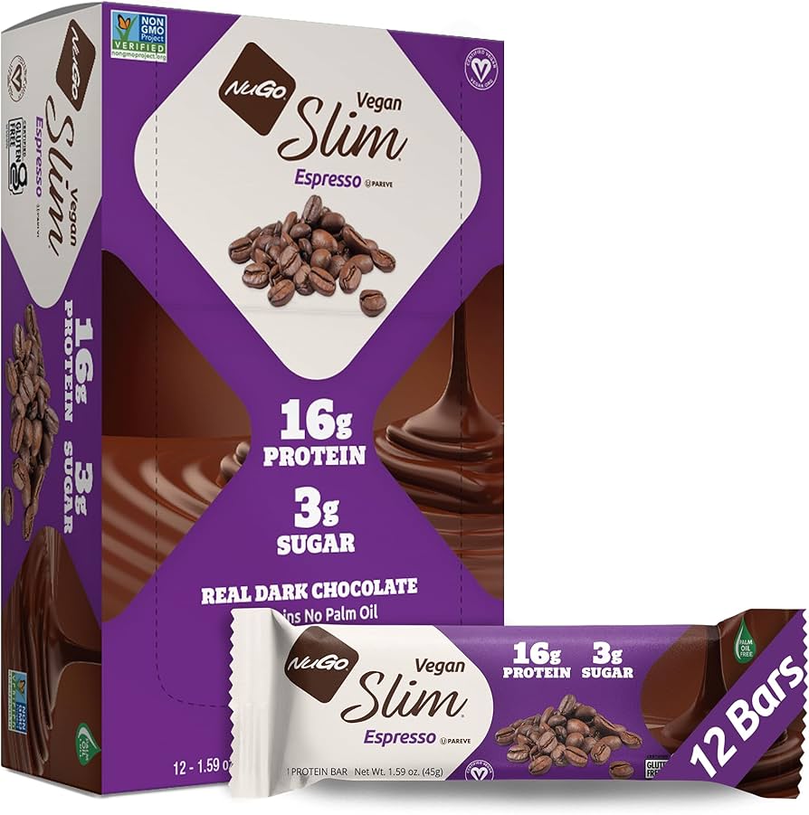 NuGo Vegan Slim Expresso Portein Bar 16 g Protein 3 g Sugar Kosher Parve Gluten-Free