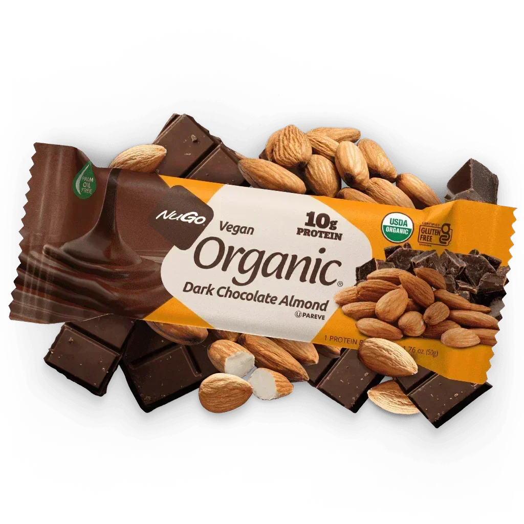 NuGo Vegan Organic Dark Chocolate Almond Bar 10 g Protein Kosher Parve Gluten-Free