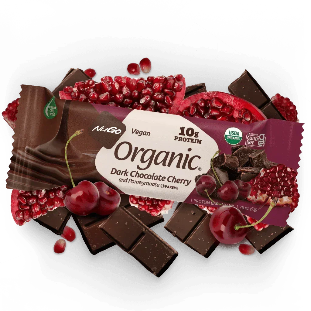 NuGo Vegan Organic Dark Chocolate Cherry & Pomegranate 10g Protein Gluten Free Kosher Parve