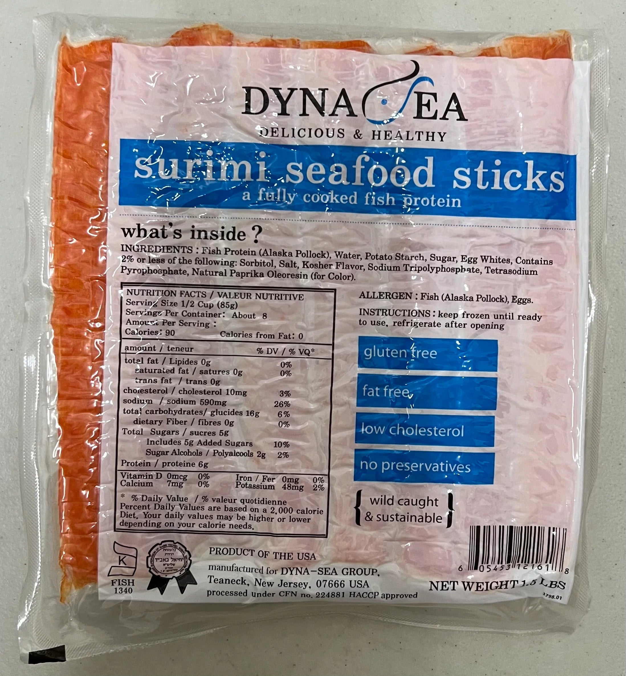 Dyna Sea Surimi Seafood Sticks Kosher 1,5 Lb Passover.